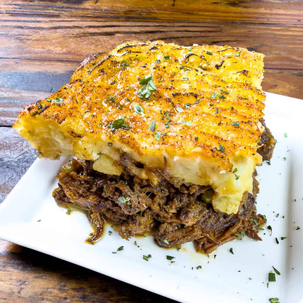 Venison shepherds pie recipe on a white plate