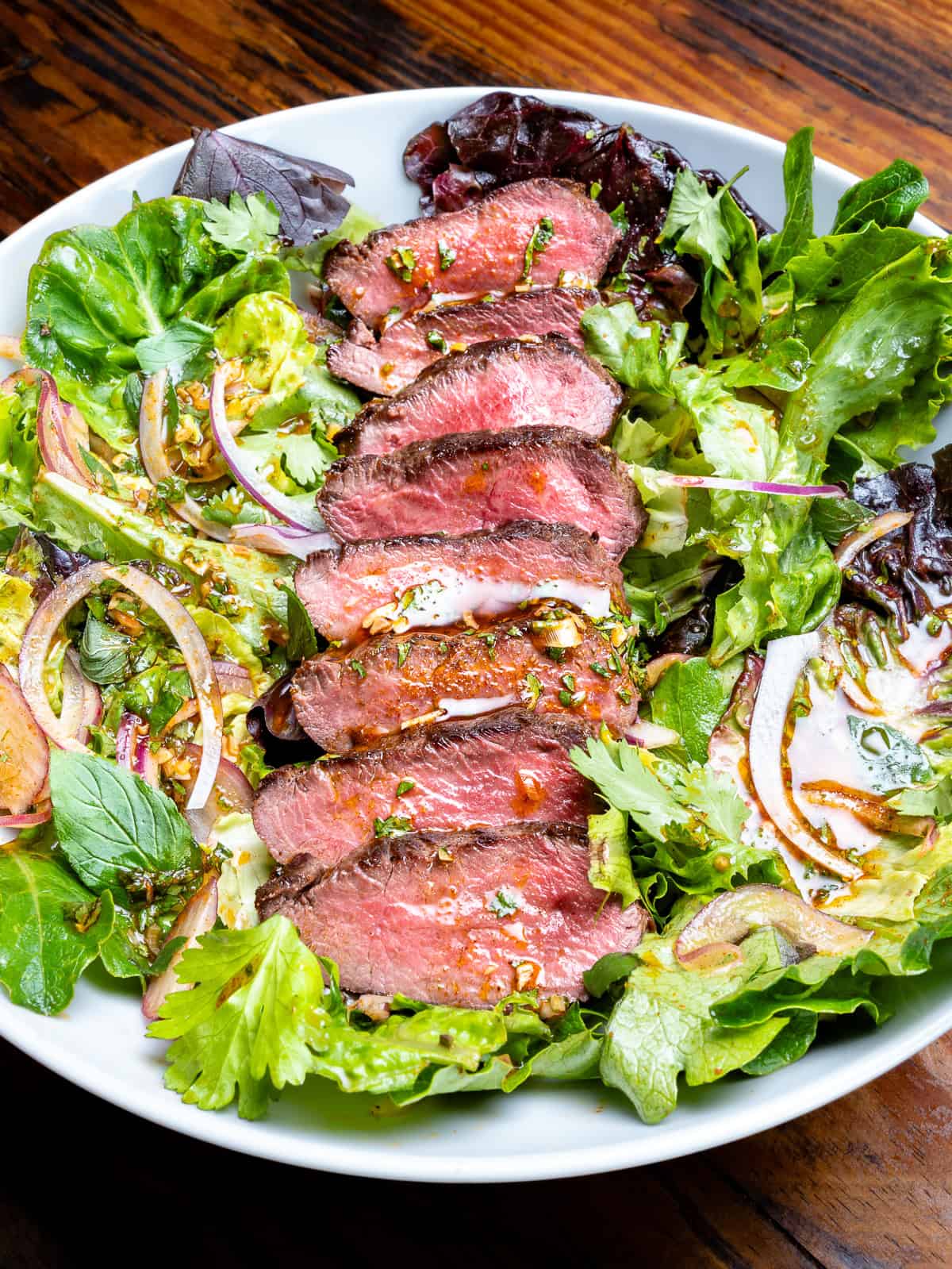 Thai steak salad in a bowl.
