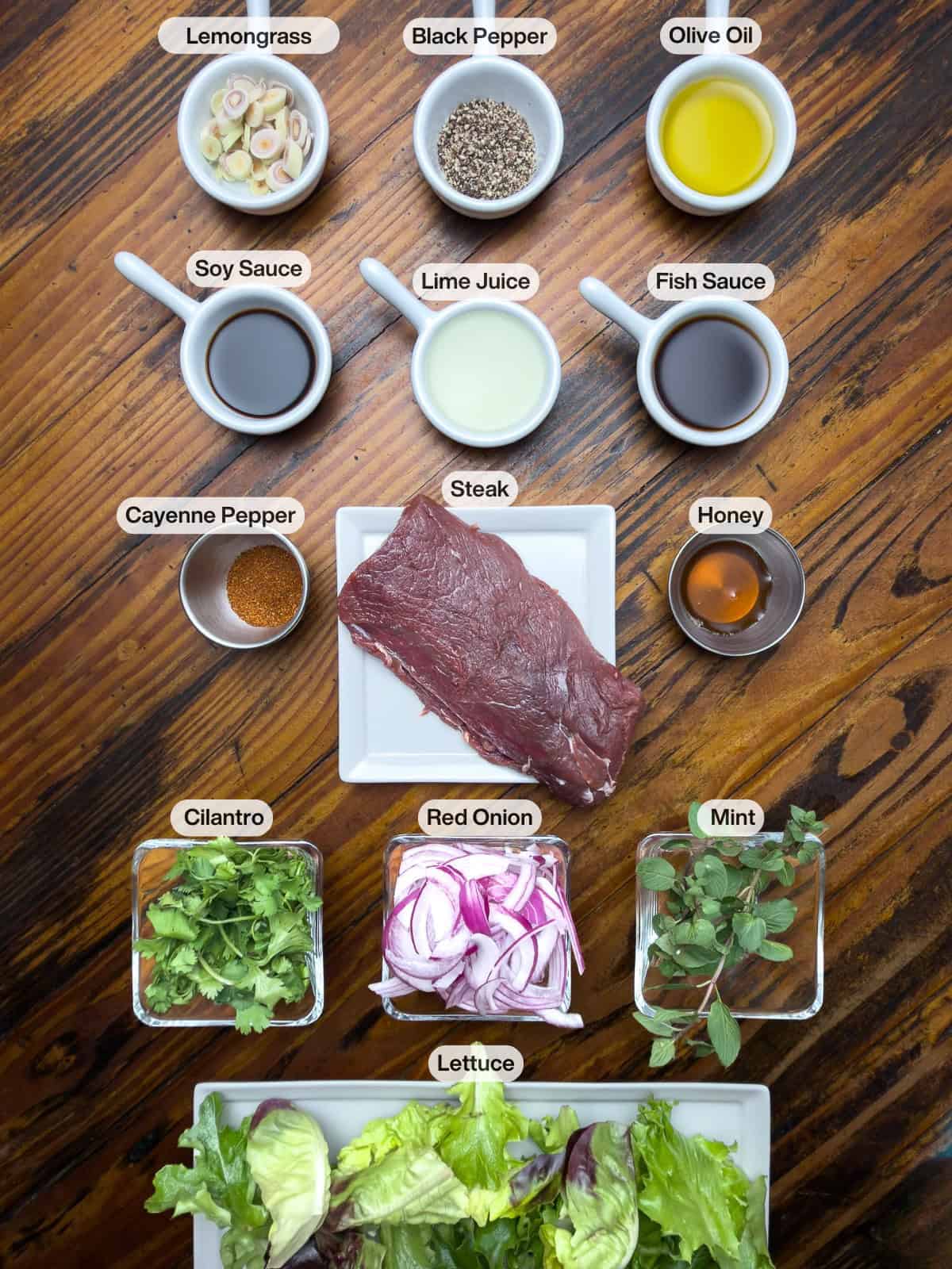 A labeled ingredients list for Thai steak salad.