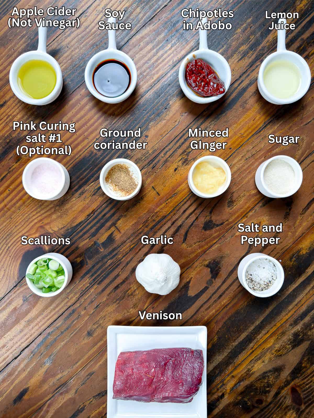 Ingredients for venison jerky recipe on a wooden table.