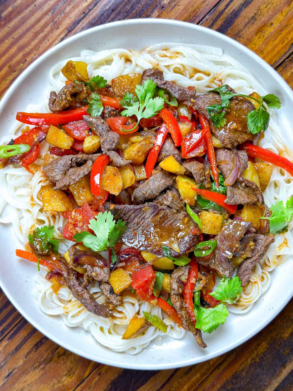 Venison stir fry on a white plate.
