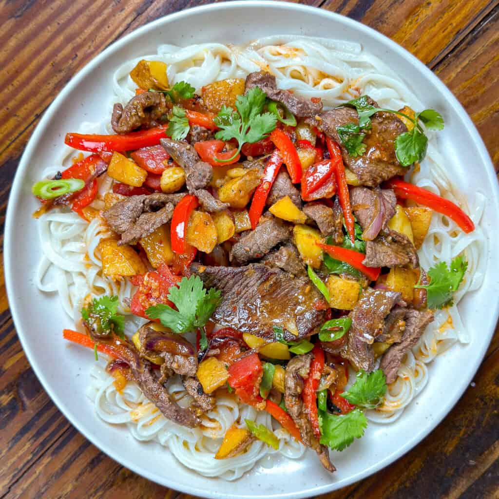 Venison stir fry with noodles on a white plate.