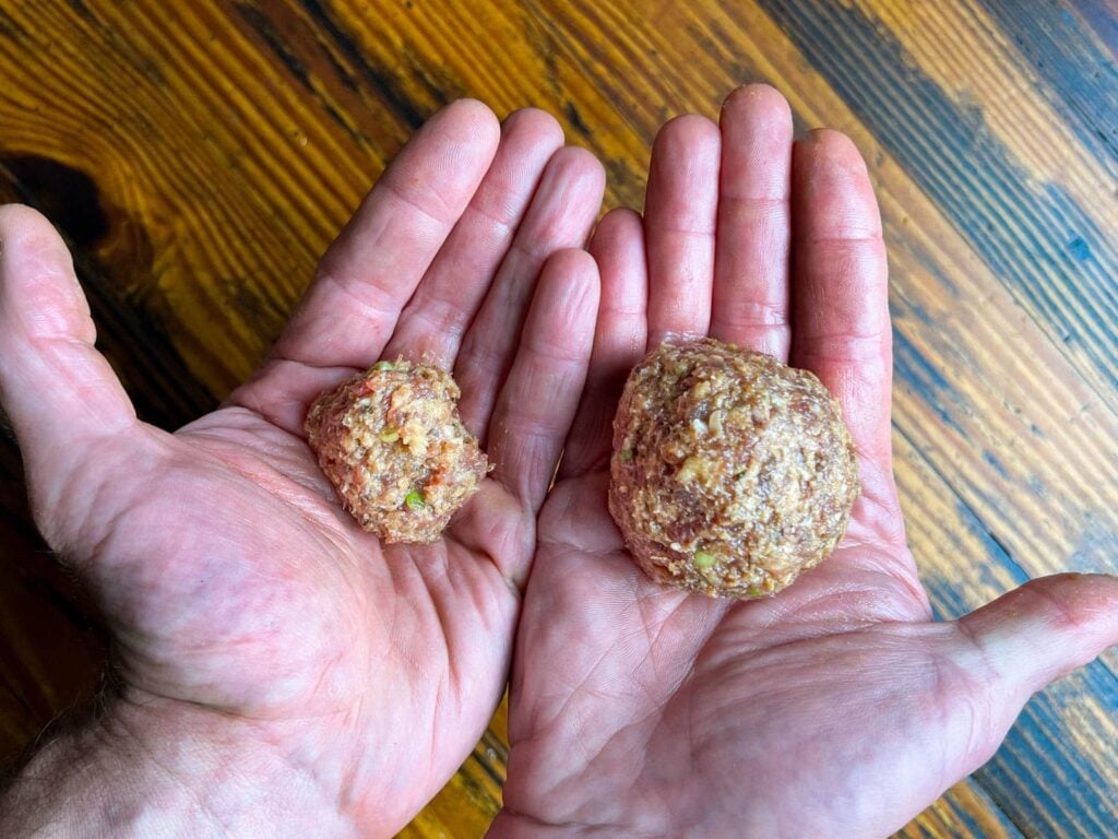 A hand holding up a small and large meatball.