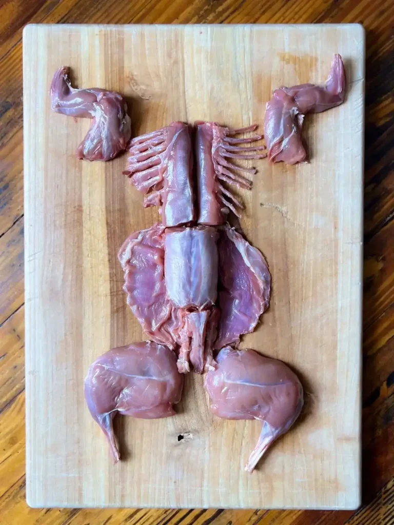 Rabbit on a cutting board cut and prepped for southern rabbit stew.