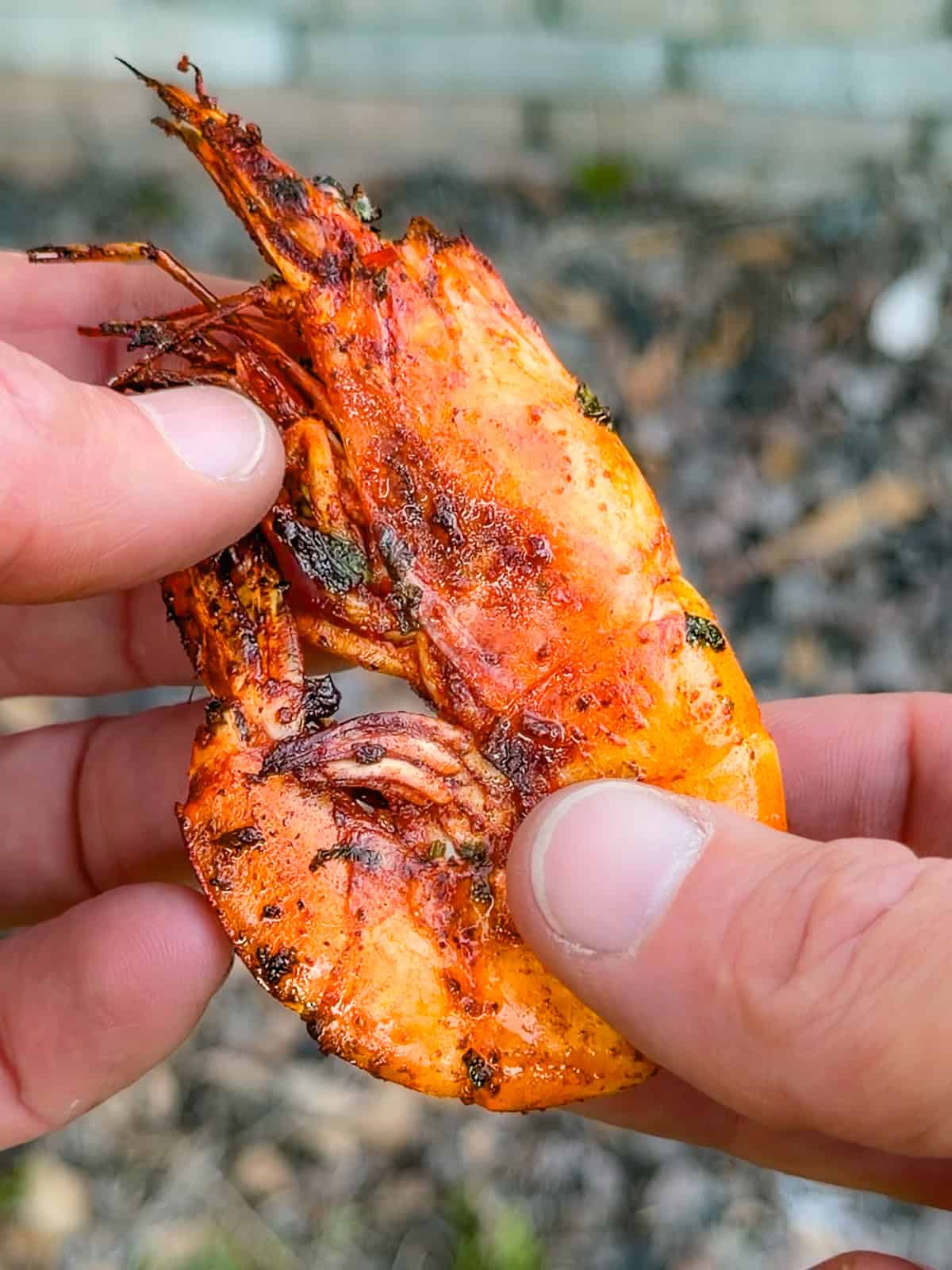 Chef Larry White holding a grilled Mexican shrimp.