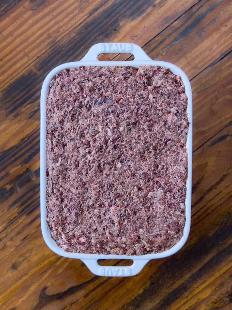 venison meatloaf in bakong dish.
