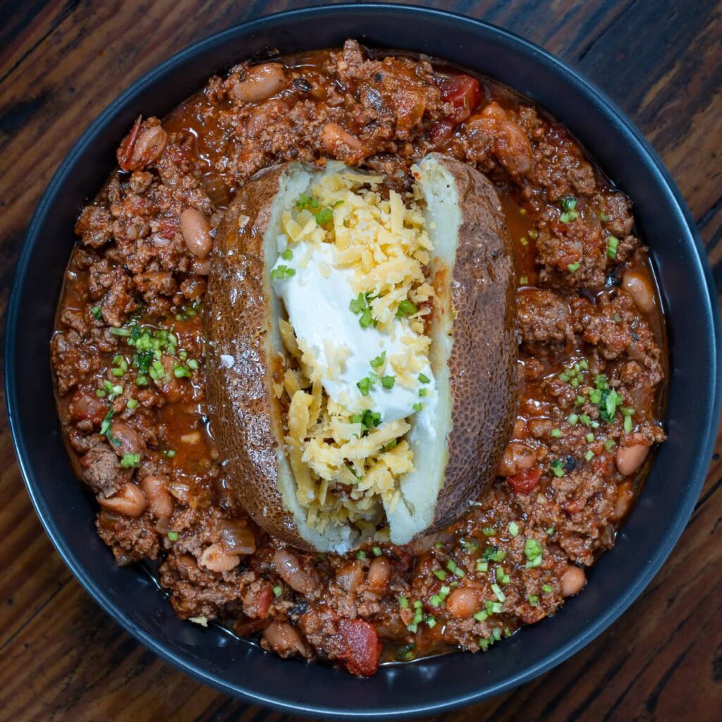 venison chili loaded baked potato