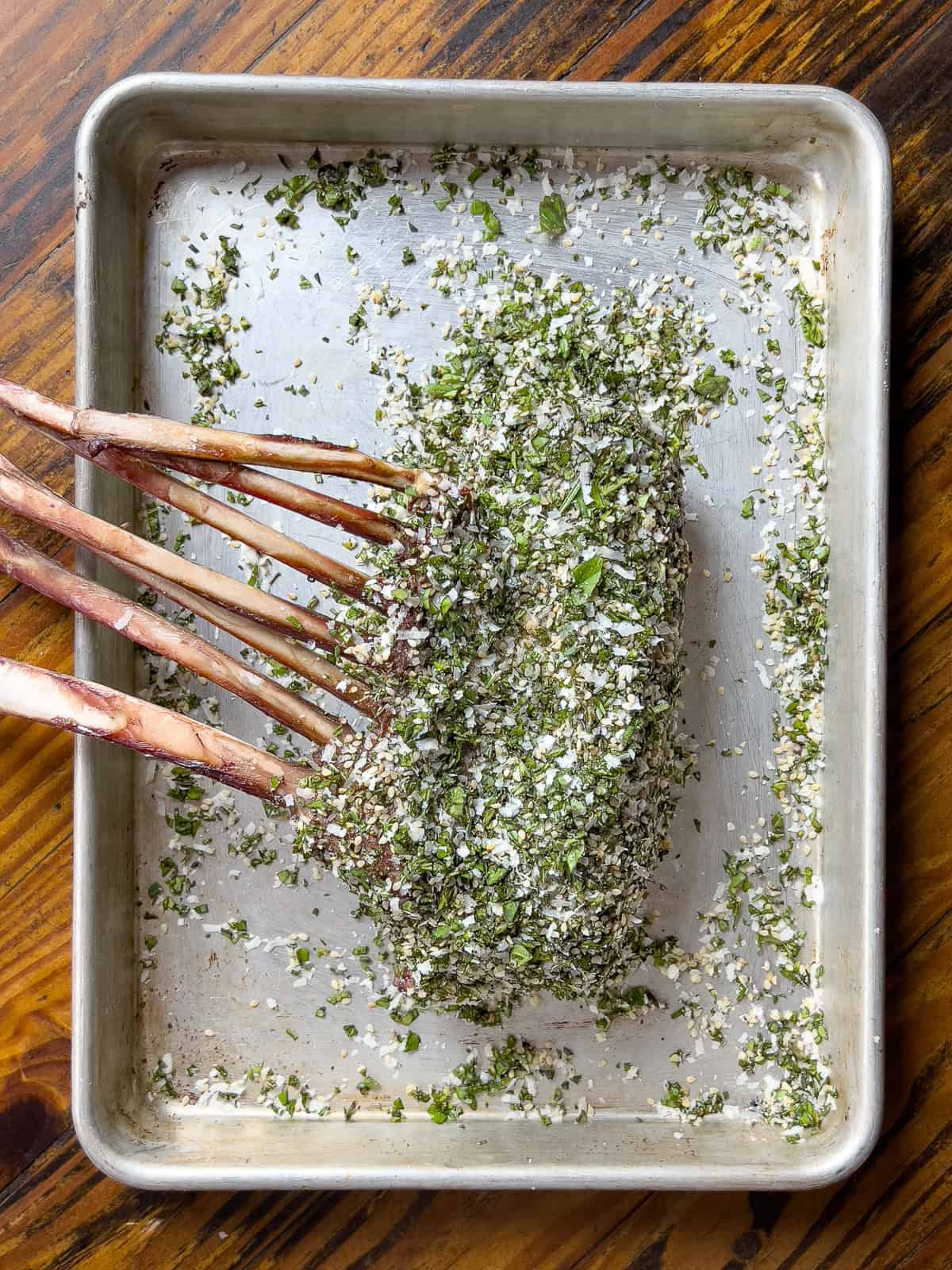 Rack of venison crusted in herbs.