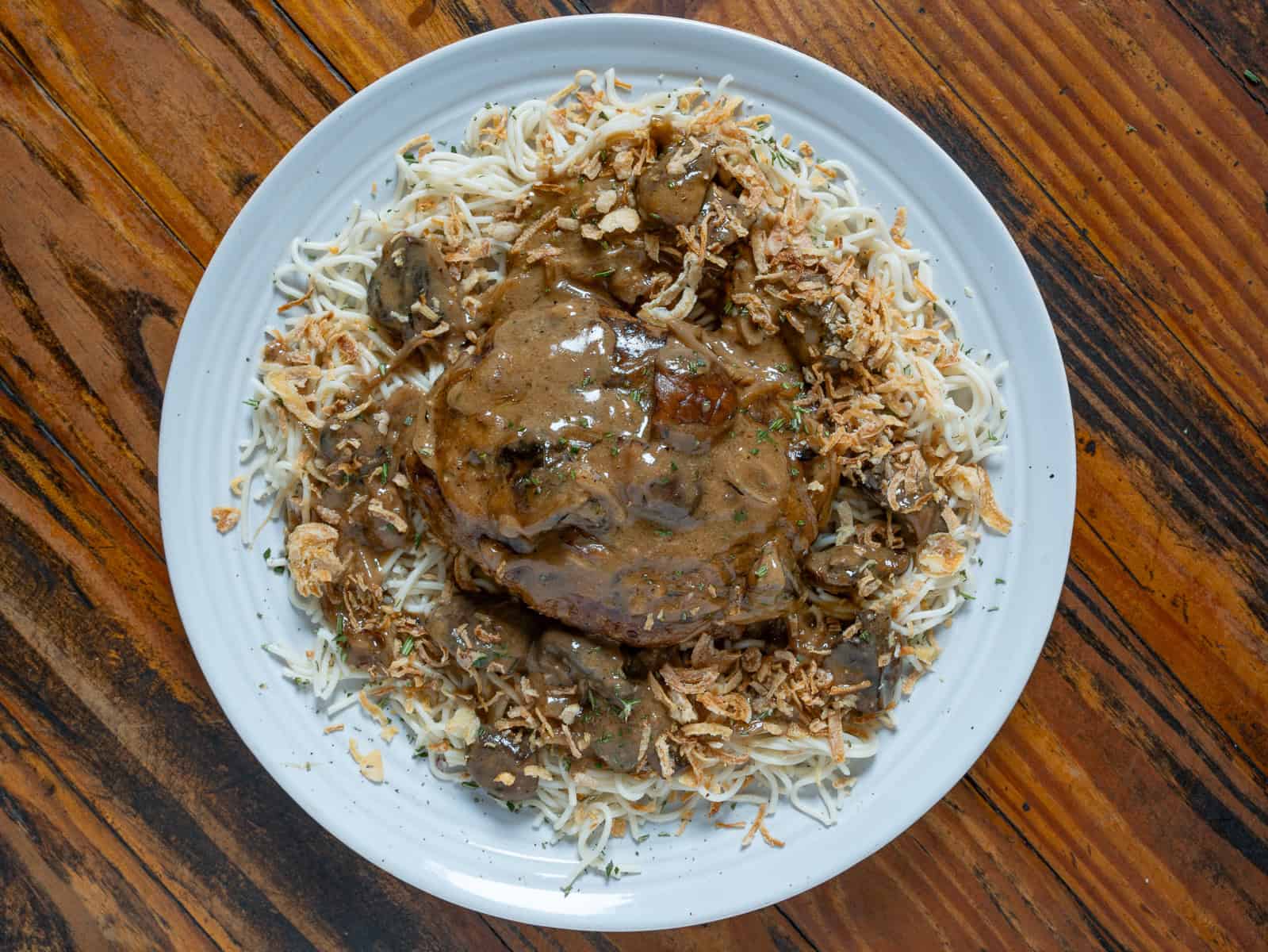 Venison Salisbury steak with noodles.