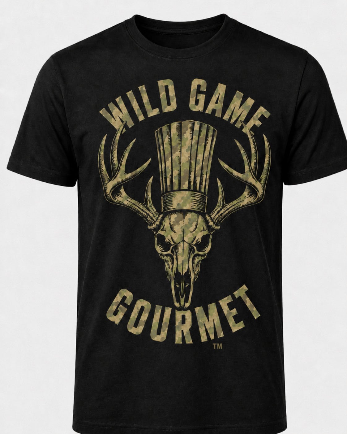 Wild Game Gourmet T shirt with deer skull chef logo.