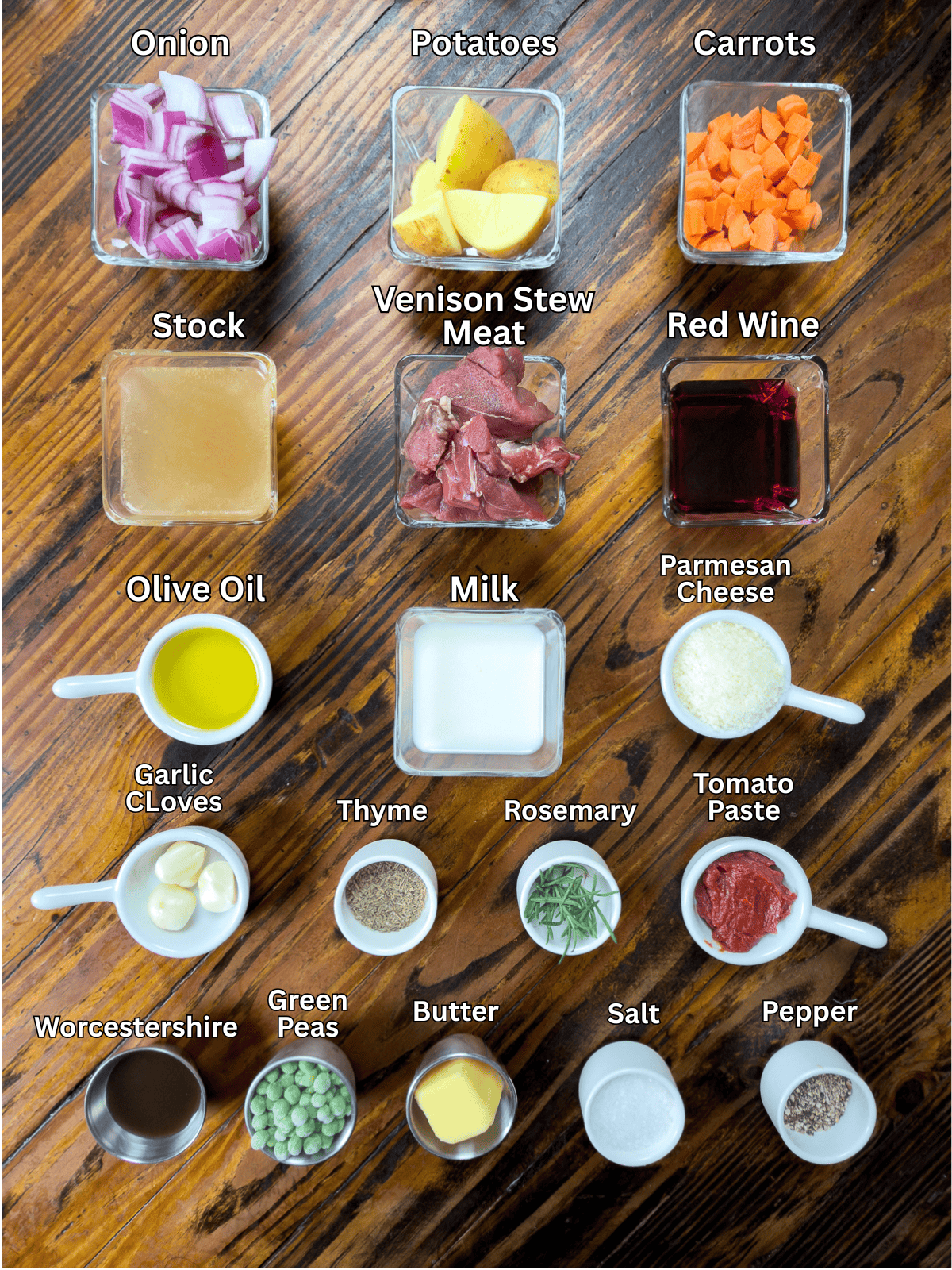 Venison Shepherd's pie ingredients in dishes on a table.