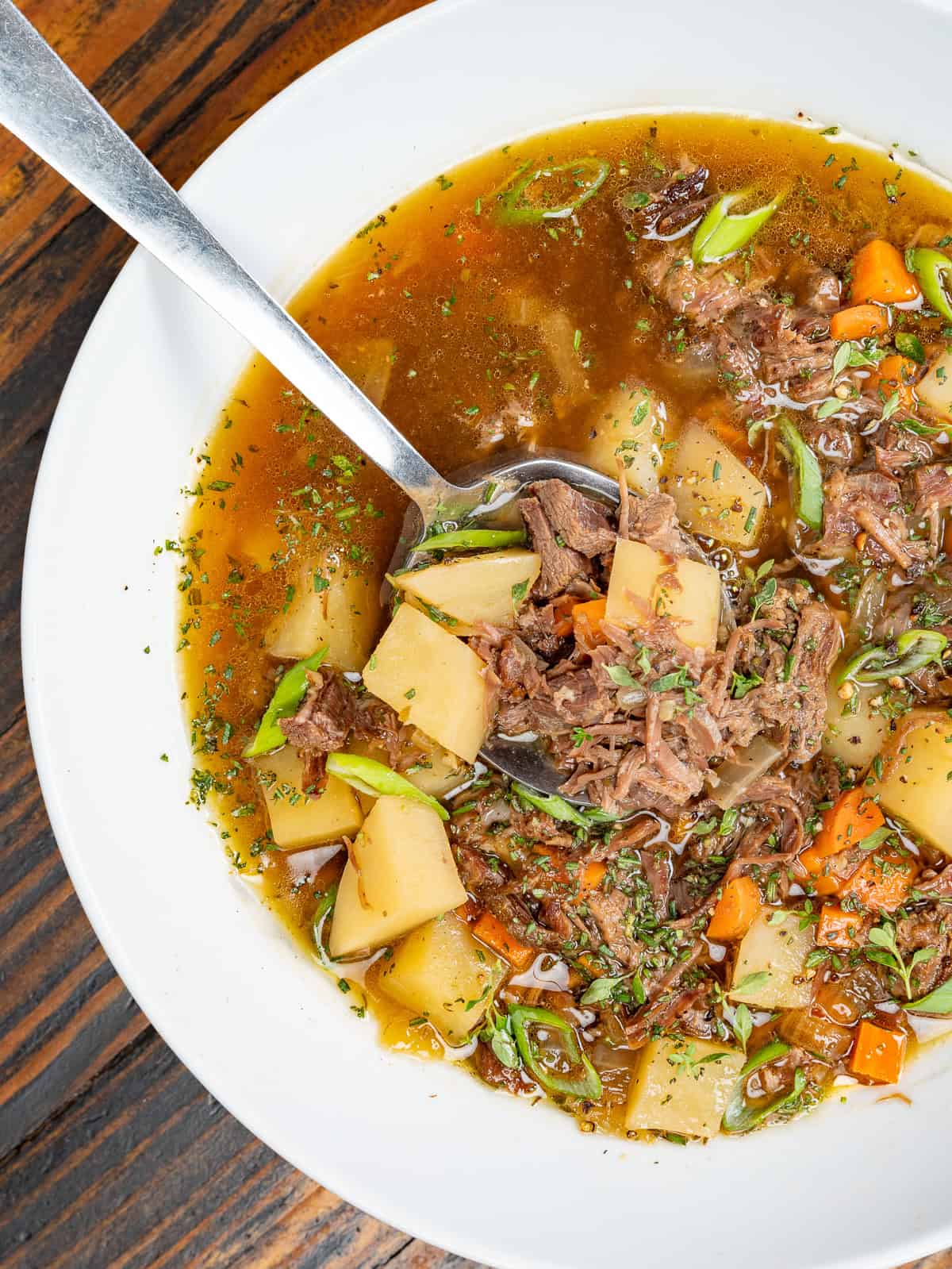 Venison stew in a white bowl with a spoon.