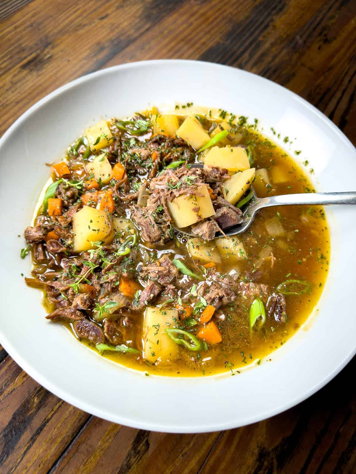 Venison stew with green onions on a wooden table.