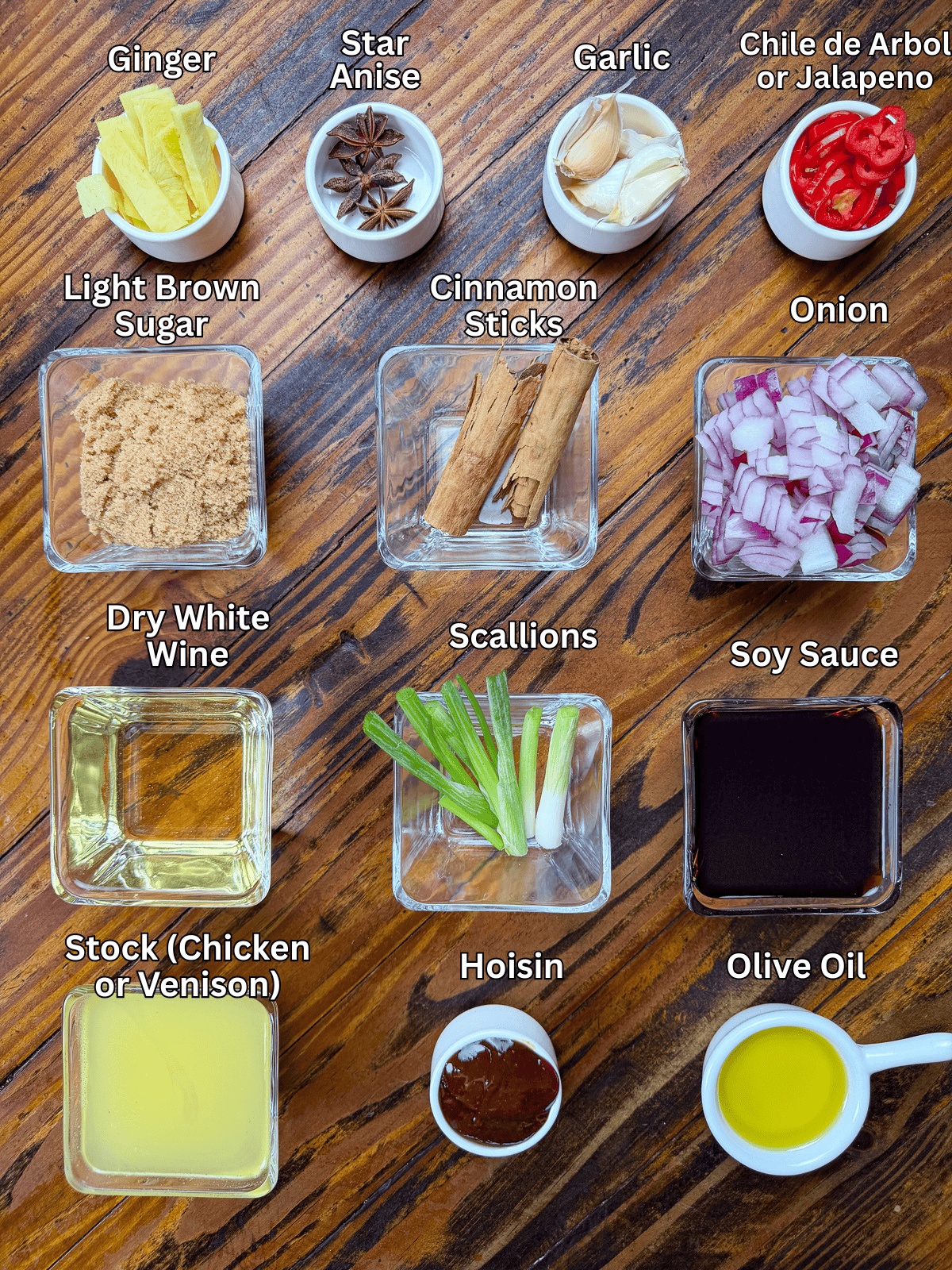 Ingredients for a slow cooker venison roast on a wooden table.